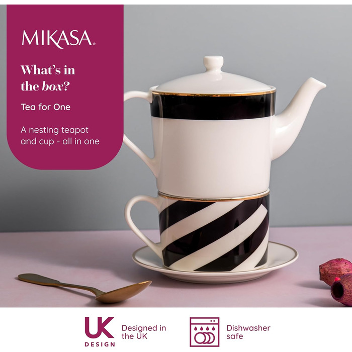 Mikasa Luxe Deco Porcelain Tea Set for One, Tea Set for One Person with Teapot, Cup, and Saucer, Stackable Tea Set, Dishwasher Safe