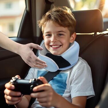 Подушка для шиї Proglobe, 100% Memory Foam, ортопедична, для подорожей (літак, авто, поїзд), з 3D-маскою для сну, сітчаста сумка (світло-блакитна)