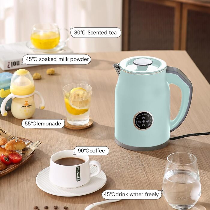 Інтелектуальний чайник 1.2л з підтриманням температури 16 год та швидким заварюванням 1000W – нержавіюча сталь 304, без BPA, 4 режими (45-90°C), LED-дисплей, поворотний на 360° для чаю, дитячих пляшечок, офісу