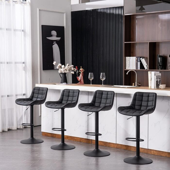 YOUTASTE Adjustable Bar Stools - Modern Design, Padded, Swivel, Faux Leather - Set of 2 (Black)