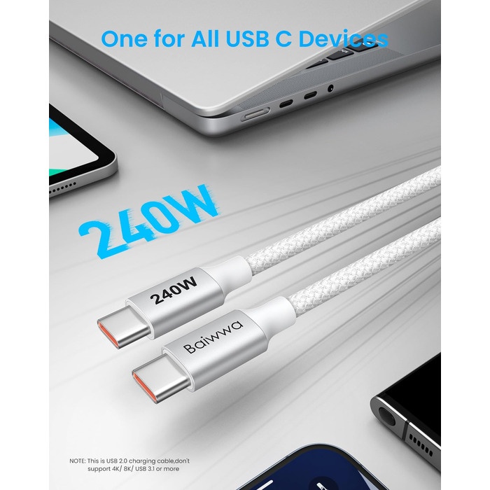 Кабель USB-C to USB-C 240W, 1м, білий. Швидка зарядка 5A. Сумісний з iPhone 15/16 Pro Max, Samsung Galaxy S25/S24 Plus/A16/A56