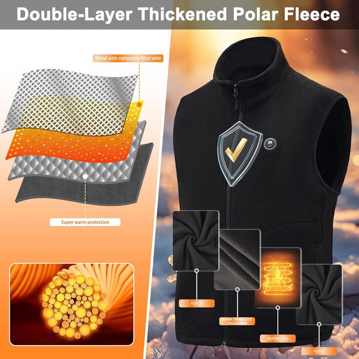 Обогреваемый жилет с аккумулятором 27000mAh 7.4V флисовый жилет, электрический жилет с 13 зонами нагрева, 3 режима температуры, мужской/женский, XL, глубокий черный