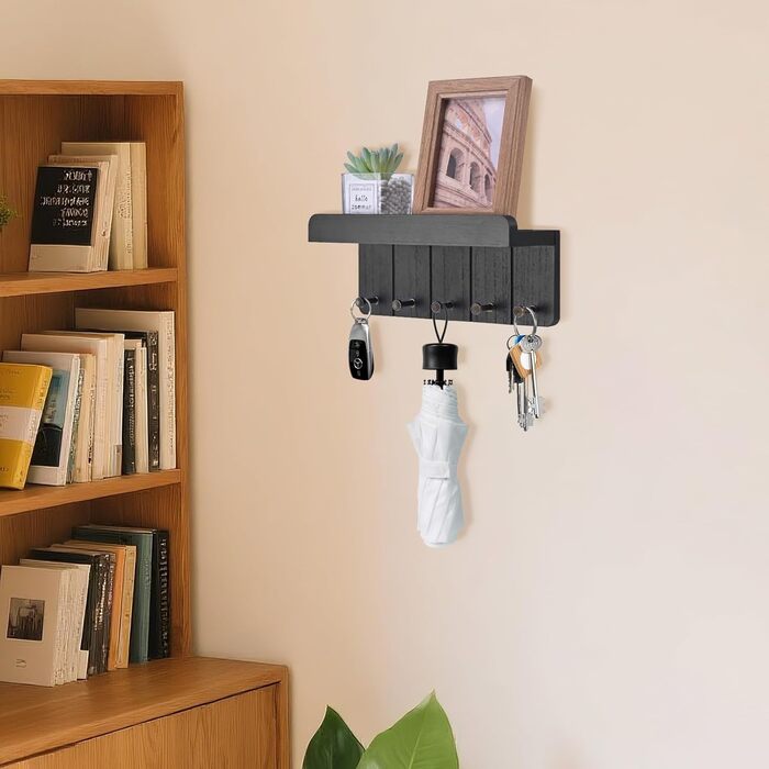 Дерев'яне ключниця з полицею, настінна | 5 гачків | для прихожей, кухні, спальні (чорний)