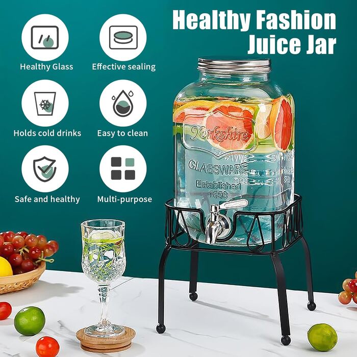 Keg-shaped drink dispenser, 3L/4L/5L glass water dispenser with stand, keg decanter with tap, alcohol dispenser ideal for wine, whisky, beer, juices, lemonade, gifts for friend, husband, father (4L)