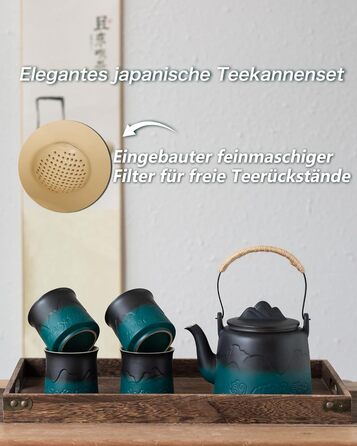 ZENS Design Japanese Teapot, 1000ml Gradient Embossed Japanese Ceramic Teapot with Built-in Strainer and Hemp Rope Handle for Loose Leaf Tea Steeper, Gift for Tea Lovers, Black & Bean Green (Black & Green, 1000ml Teapot & 4 of 200ml Cups)