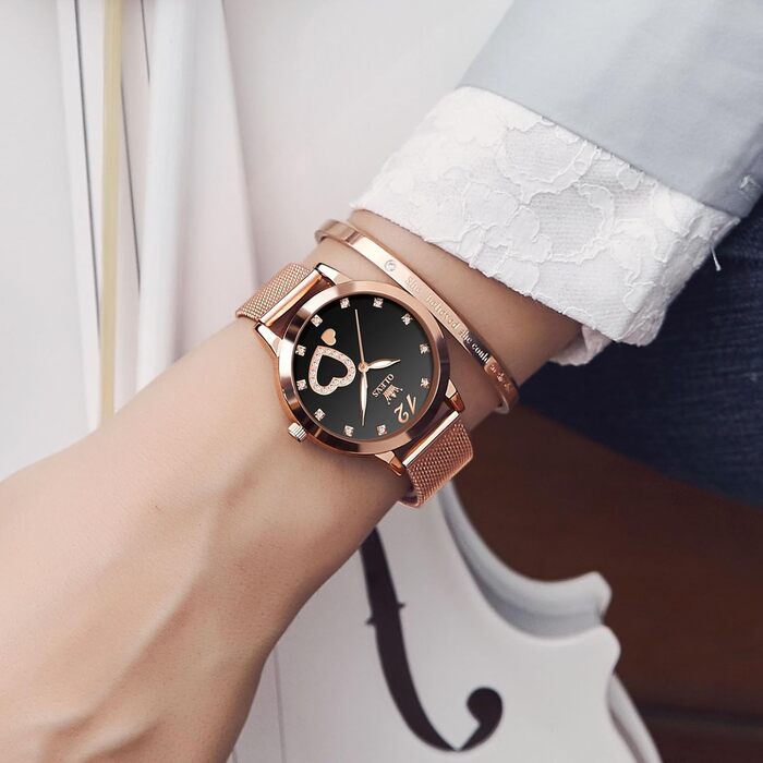 Годинник жіночий OLEVS Roségold: стильні годинники з нержавіючої сталі з діамантовим серцем, водонепроникні, ультратонкі, аналоговий годинник з сітчатим ремінцем, чорний циферблат, рожеве золото