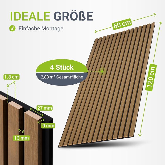 Акустичні панелі Juskys для стін, набір 4 шт (2,88 м²), 120x60 см, шумопоглинаючі декоративні панелі від луна та шуму, колір: Дуб (Темний натуральний дуб)