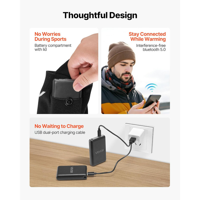 Електричні гріючі шкарпетки VEVOR з акумулятором 5000 mAh, 4 режими нагріву, керування через додаток, для чоловіків та жінок, середній розмір, підходять для полювання, їзди на конях, кемпінгу, походів