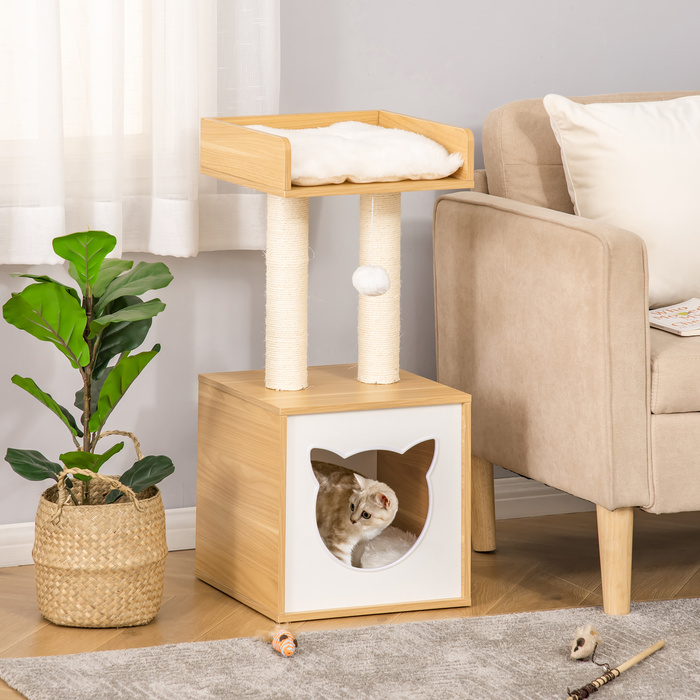 PawHut Cat Cave with Cat House & 2 Cushions, 2 Levels including Cat House, Toy with Ball, Cat Apartment, Sisal, Natural, 35 x 35 x 81 cm | Aosom