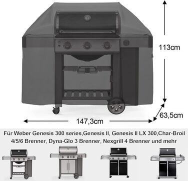 Чохол для гриля Weber Genesis II 300 серії, E-330/E-310/S-310/S-330/S-335/S-340, 147 см, 600D Оксфорд, водонепроникний, посилений