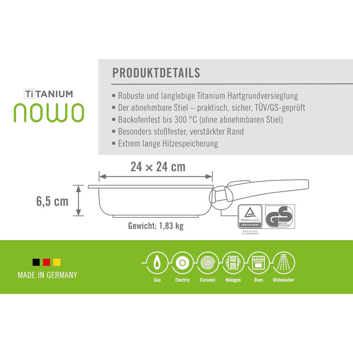 Сковорода квадратна Woll Nowo Titanium 24x24 см, 6.5 см, знімна ручка, антипригарне покриття, не для індукції