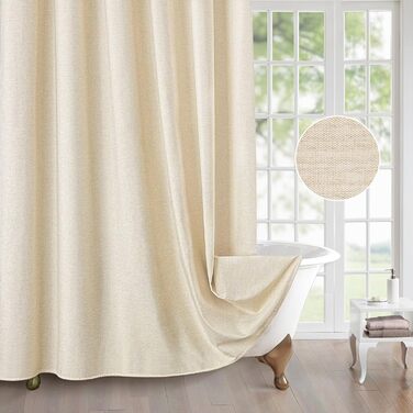 Штора для ванної кімнати льон з металевими кільцями, бежева 182x182 см - Водонепроникний текстильний комплект для ванни