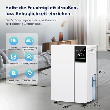 Електричний осушувач повітря Fwoueot 16L/24h для дому: осушувач з компресором для приміщень до 45 м², автоматичне відтанення, 3 режими, таймер 24 години, великий бак 2L, з колесами, для спальні