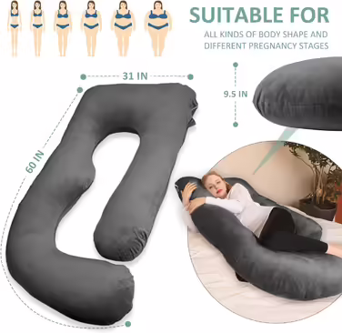 Chilling Home Pregnancy Pillow J Shape, Side Sleeper Pillow with Cover J Pillow Nursing Pillow Large Storage Pillow, Pillow for Women and Side Sleepers (Light Black, Velvet)