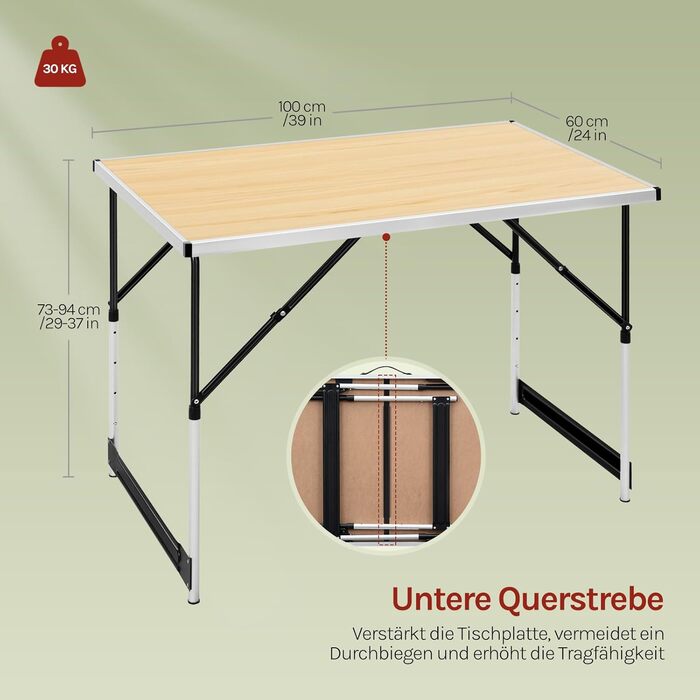 Складаний столик Woltu для кемпінгу та відпочинку на природі 100x60 см, регульована висота, алюмінієвий каркас з MDF, для кемпінгу, саду, заходів та ринків (світлий дуб)