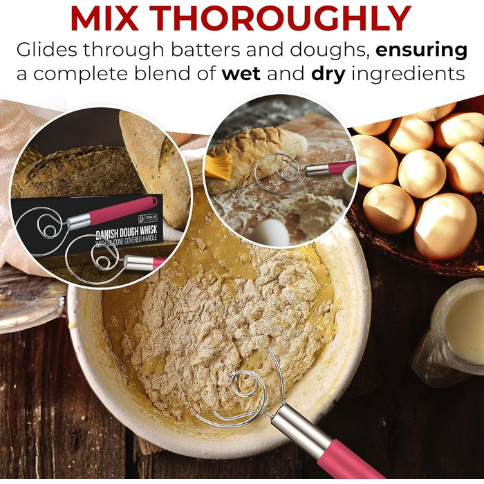 ORBLUE Тістоміс датського типу з силіконовою ручкою, вінчик для збивання з нержавіючої сталі, червоний, чорний