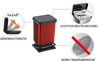 Відро для сміття Rotho Paso 20л з кришкою, червоне, з переробленого пластику (PP), BPA Free