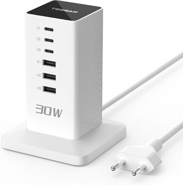 Зарядний пристрій TESSAN 30W 6-в-1 з 6 портами USB, адаптер живлення з кабелем 2м, білий