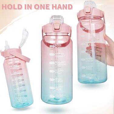 2L Tritan Water Bottle with Straw & Time Marker 2 liter BPA-free Motivational Water Bottle with Clock Large Sports Bottle for Gym, Fitness, Hiking (Transparent Rose / Cyan)