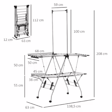 HOMCOM Clothes Rack with Telescopic Rods, Large Clothes Dryer 138.5x63x208cm, Foldable, Ideal for Large Laundry Room