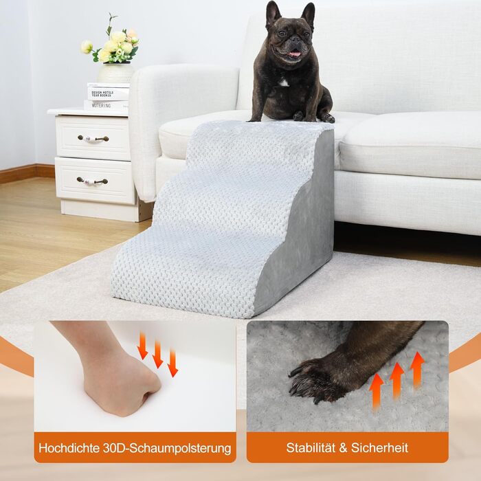 Східці для собак KSIIA на 3 сходинки, 40 см, сірі. Ідеально для маленьких собак та котів, підходять для ліжка, дивану, софи та авто. Розміри: 40x57x40 см