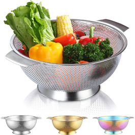 Ситечко Kyraton Gold Colander 5 Quart з нержавіючої сталі з покриттям з титану та золота, професійне, з міцними ручками та самостійною основою для зливу, легко миється, придатне для миття в посудомийній машині