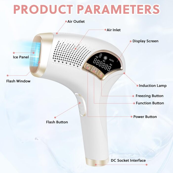 Епілятор ACWOO з охолоджувальною системою, безболісне видалення волосся, лазерний епілятор з 3 функціями HR/SC/RA, 9 рівнів потужності для жінок/чоловіків, обличчя, руки, зона бікіні, тіло, ноги, білий