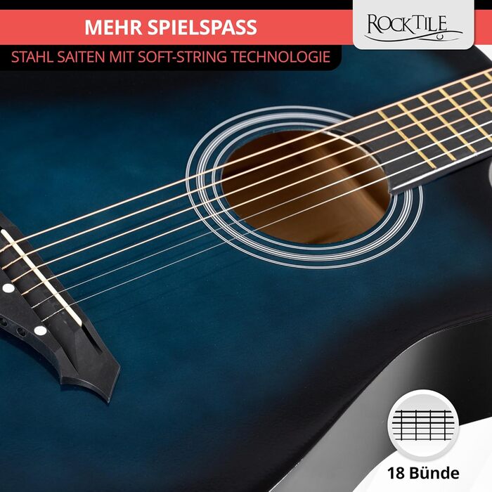 Rocktile WSD-5C-BUB: Акустична гітара Вестерн Slim Line - Комплект з чохлом, струнами, ремінком та медіатором - Blueburst