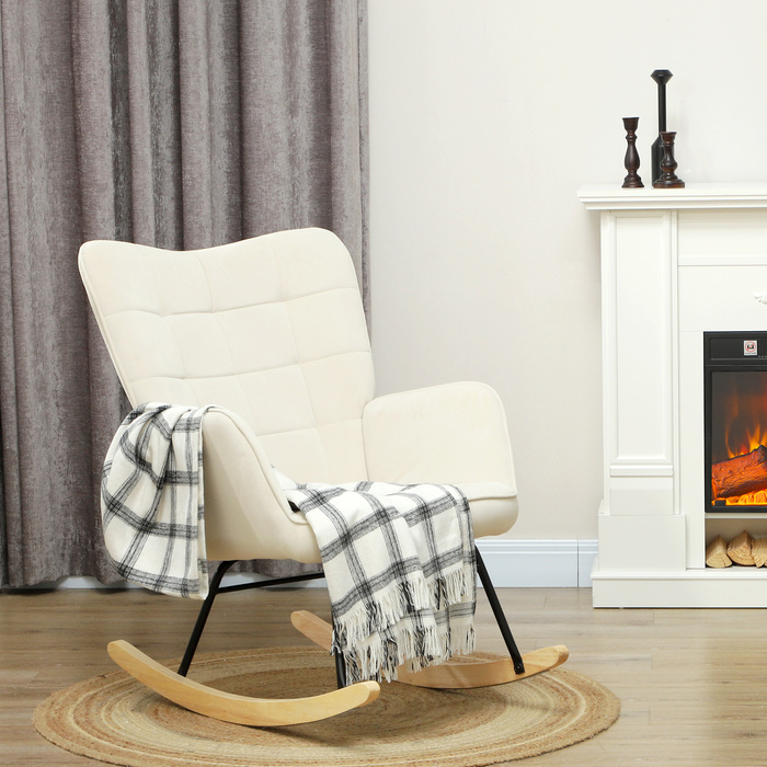 HOMCOM Rocking Chair, Rocking Armchair with Velvet Look, Armrests, Chair with Wooden Sleigh Runners, Relaxing Chair for Living Room, Bedroom, Beige | Aosom