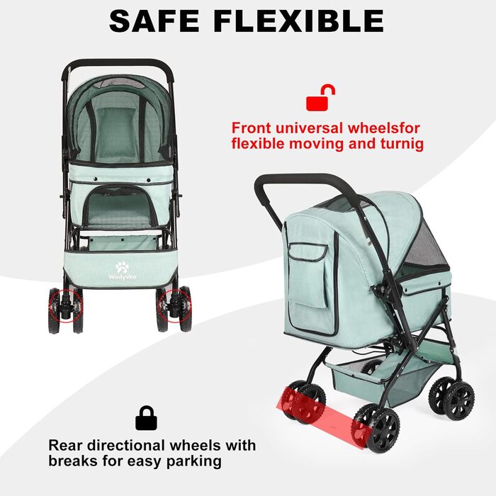 Візок для собак Wedyvko до 20 кг, 4 колеса, складаний, для маленьких та середніх собак та котів, з кошиком для зберігання та тримачем для напоїв (зелений)