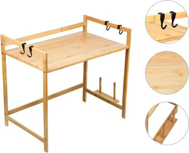 Поличка для мікрохвильової печі 3-рівнева, органайзер з гачками, розширювана, висувна (40-64см), з вуглецевої сталі (2 яруси, бамбук, 55x35x42см)