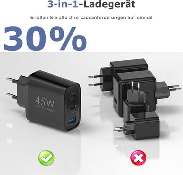 Подвійний зарядний пристрій USB-C 45W GAN для iPhone/Samsung Galaxy, 3 порти, швидка зарядка PPS (чорний)