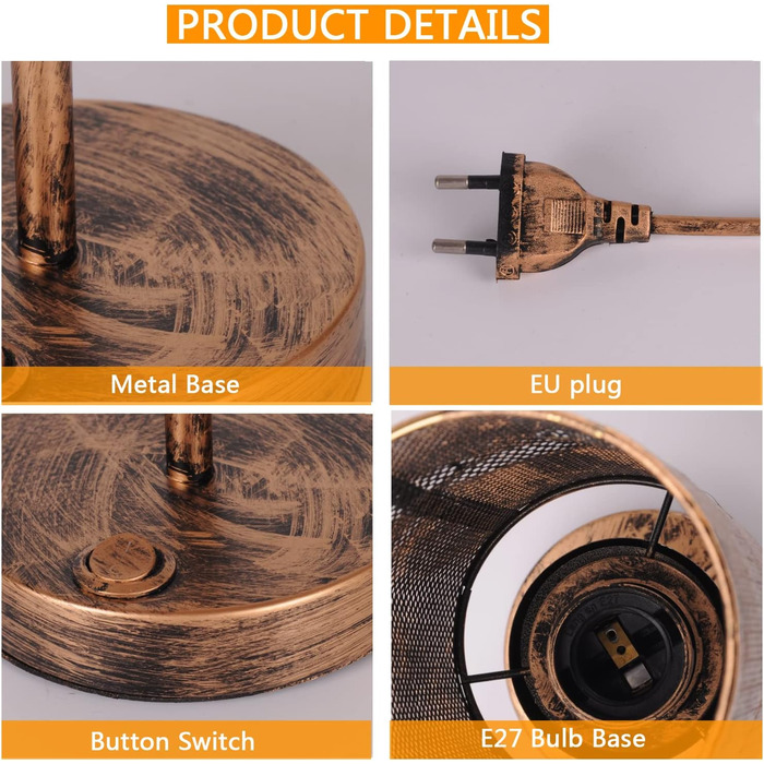 Промислова настільна лампа з металу, Е27, рустикальний стиль, ка́фільний абажур, вінтажна лампа Едісона для вітальні, з вимикачем (без лампочки), чорний колір, кругла, ретро
