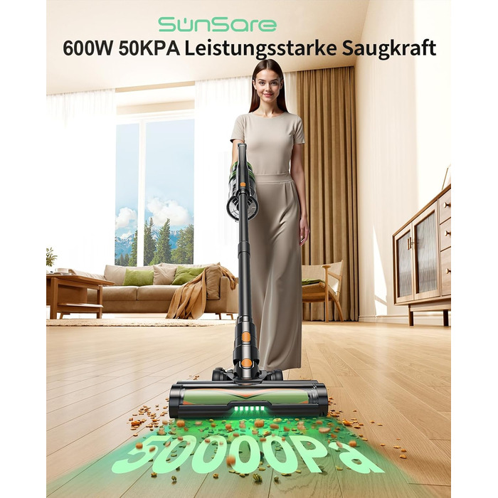 Акумуляторний бездротовий пилосос SunSare 600W з HD-дисплеєм, ароматерапією та захистом від намотування волосся. Ідеальний для тварин, килимів, твердих підлог та авто.