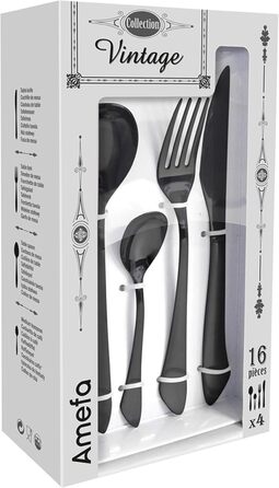 Набір столових приборів Amefa INSTINCT 16 шт. (4 особи) | Чорний, нержавіюча сталь 18/0, матове покриття, PVD | 4 виделки, 4 ножі, 4 ложки, 4 чайні ложки