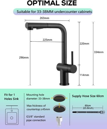 Змішувач кухонний з висувною лійкою, чорний, з двома режимами струменя, 360° обертання, з нержавіючої сталі