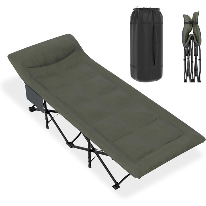 Розкладне ліжко-крісло для кемпінгу 185x75 см з матрацом, подушкою та кишенею, до 250 кг, для відпочинку на природі, саду та риболовлі