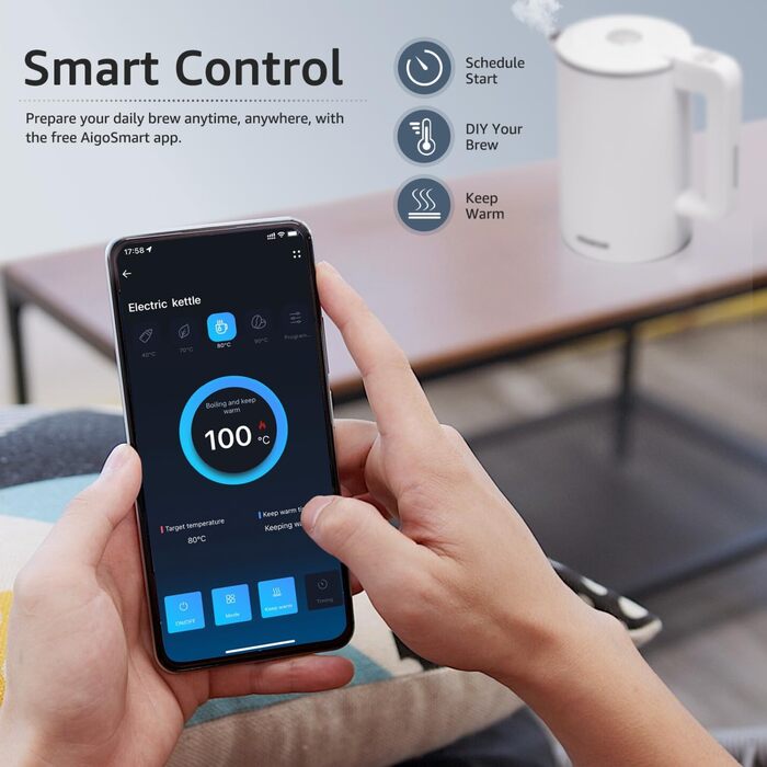 Електричний чайник Aigostar зі смарт-керуванням WiFi, регулюванням температури 40-100°C, 1.7 л, нержавіюча сталь, подвійні стінки, бездротовий, з функцією підтримання тепла, білий