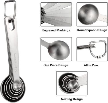 Measuring Cup and Spoon Set Stainless Steel Measuring Cup & Spoon Set includes 7 stainless steel metal measuring cups, 6 measuring spoons, and 5 mini measuring spoons for dry and liquid ingredients.