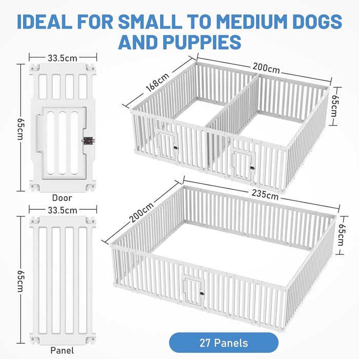 Клітка для цуценят Indoor 65 см, пластикове огородження з неслизькими присосками, вольєр для маленьких собак, 18 панелей (200 x 168 x 65 см), з двома секціями