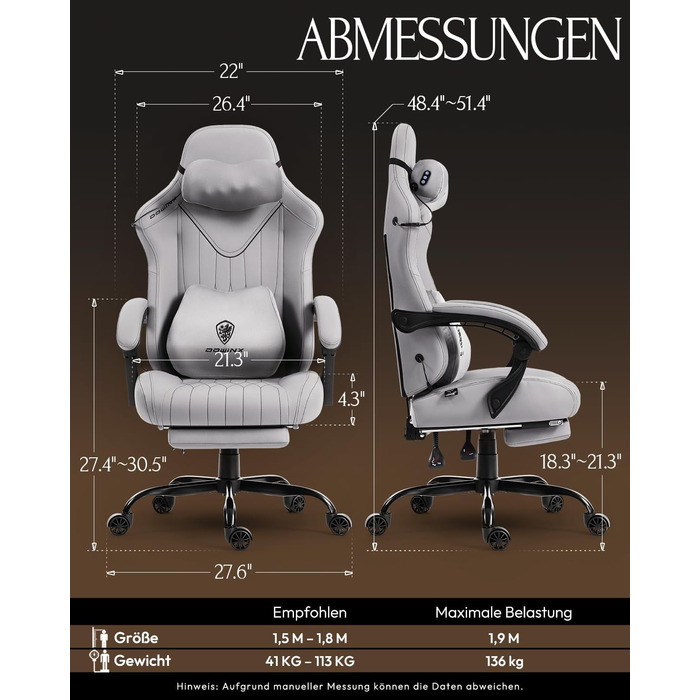 Ігрове крісло Dowinx з масажем, ергономічне, до 135 кг, сіре. Підтримка попереку та шиї, регулювання висоти, шкіра для дорослих