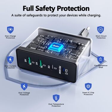 Зарядний пристрій USB-C 50W, 5 портів: 2 USB-C та 3 USB-A, PD 3.0, Fast Charge для iPhone, Samsung, телефонів, планшетів (Срібний)