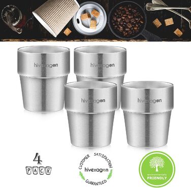 Hivexagon 300ml Set of 4 Double-Walled Stainless Steel Cups - Ideal for Cold Drinks - Dishwasher Safe HG515