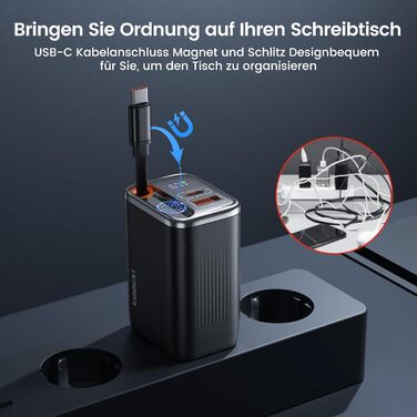 Зарядний пристрій USB-C toocki GaN 67W з LED дисплеєм та вбудованим кабелем для MacBook, iPhone 17 Pro Max, Samsung Galaxy S24 Ultra/S23, Nintendo Switch, ноутбуків та смартфонів - Чорний