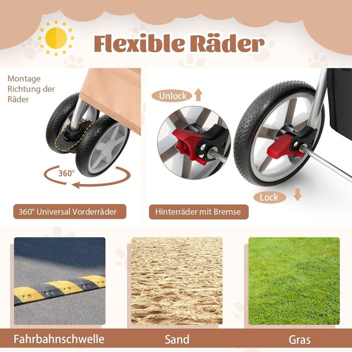 Візок для собак SOARS, до 15 кг, складаний, з сітковими віконцями, тримачем для напоїв та кошиком для зберігання, візок для домашніх тварин для маленьких тварин (Бежевий)