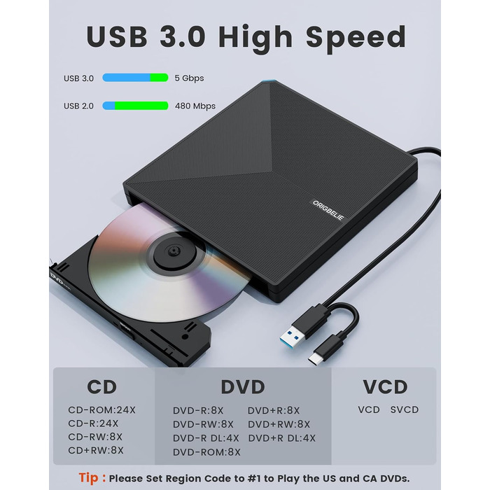 Зовнішній DVD-привід ORIGBELIE USB 3.0 та Type-C, портативний DVD-записувач для ноутбука та ПК