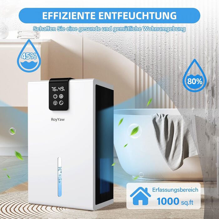 Електричний осушувач повітря, тихий, 2700 мл з LED дисплеєм, автоматичне відтанення, режим сну, проти вологи та плісняви, для спальні/ванної кімнати, білий