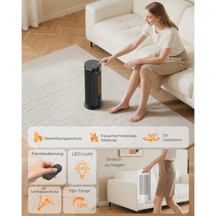 Обігрівач MYCARBON 43 см для ванної кімнати: тихий 32 дБ, 1900 Вт, ECO режим, таймер 12 год, осциляція, енергозберігаючий, PTC кераміка, пульт дистанційного керування, термостат, чорний