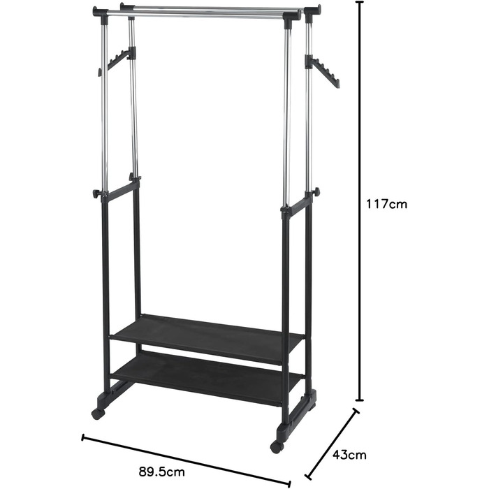 WENKO Clothes Rack Folding, Clothes Storage with Adjustable Clothes Rail and Wheels, Plastic/Metal, 88 x 100-168 x 11-49 cm, Chrome/Grey (169 x 43 x 89.5 cm)