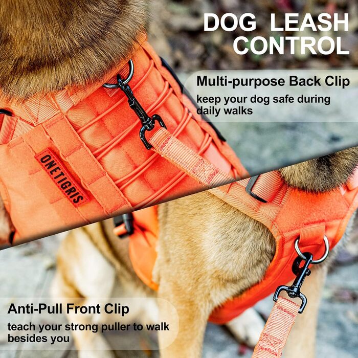 Тактичний нашийник для собак OneTigri Fire Watcher 2.0 з металевою пряжкою, з ручкою, No Pull, для великих собак, MOLLE, чорний (XL, помаранчевий)